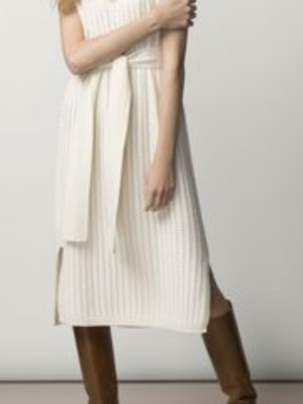 Massimo Dutti Cream Ribbed Maxi Dress with Waist Tie
